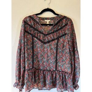 Matilda Jane Peasant Style Floral Blouse With Black Lace Embellishments Size S